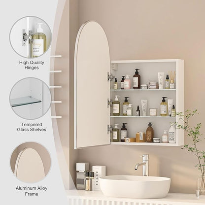 Arched Medicine Cabinet with Mirror,Brushed Nickel Mirror Cabinet with Storage,Adjustable Shelves, Wall Mounted Only, Modern Bathroom Storage,20x32 Inch
