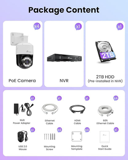 Loocam 4K PoE NVR Security Camera System, 4pcs Pan & Tilt Wired PoE IP Cameras Set for Indoor Outdoor, AI Person/Pet/Vehicle Detection, Color Night Vision, 4K 8CH NVR 2TB HDD Included, Plug & Play