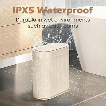 Bathroom Trash Can with Lid Automatic 2 Gallon Sensor Trash Bin, 7.5 Liter Smart Rubbish Bin, Motion Sensor Waterproof Bathroom Decor, Plastic Narrow Garbage Can for Bedroom, Office, Beige