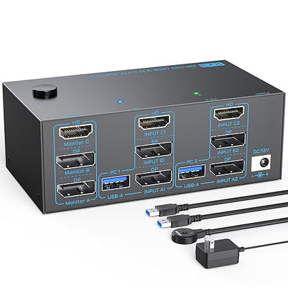 8K KVM Switch 3 Monitors 2 Computers Triple Monitor 2 Displayport 1.4 and HDMI 2.1 USB 3.0 KVM Switches, DP 1.4 Supports 8K@30Hz/4K@144Hz, HDMI Supports Max 8K@60Hz /4K@120Hz with Wired Remote Control
