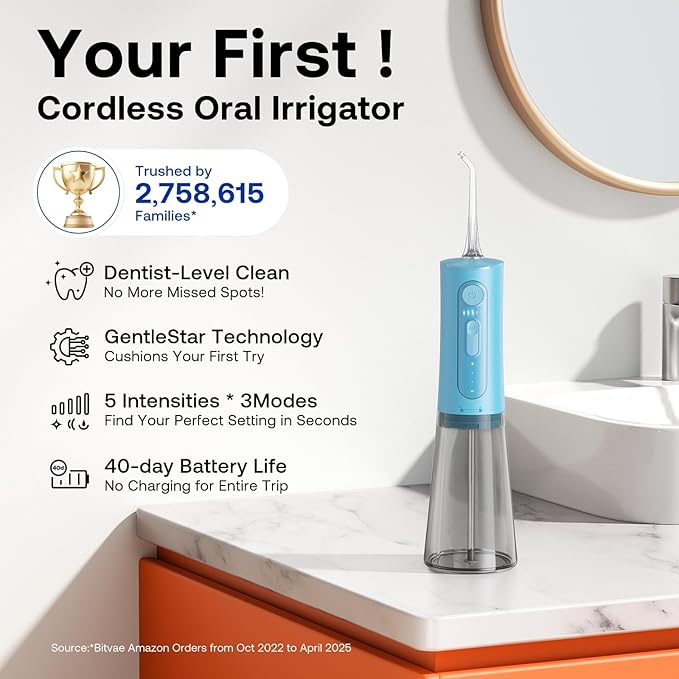 Bitvae Water Dental Flosser Teeth Picks, Cordless Portable Oral Irrigator, Powerful and Rechargeable Oral Irrigator, Brace Care, IPX7 Waterproof Water Dental Picks for Cleaning, Sky Blue