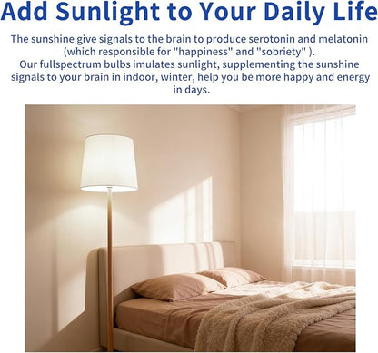 LQ BSDERA 2PK Full Spectrum Light Bulbs, 9W, 6000K Natural Light That Mimic Sunlight, Boosts Mood, Energy, Focus, A19, Sunlike Happy Light Bulbs with E26/27 Base for Most Lamps