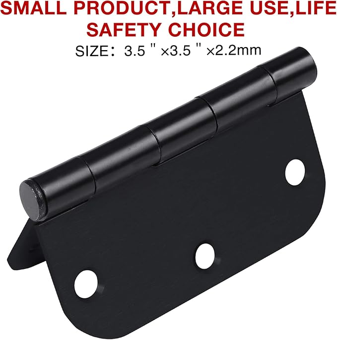 3 Pack Interior Matte Black Door Hinges Rounded 3.5 Inch x 3 1/2" Indoor Heavy Duty Metal Hardware Kits 3 ½" 5/8" Radius Office Flat Hinge for Bifold Doors Decorate Master Guest Bedroom Storage Room
