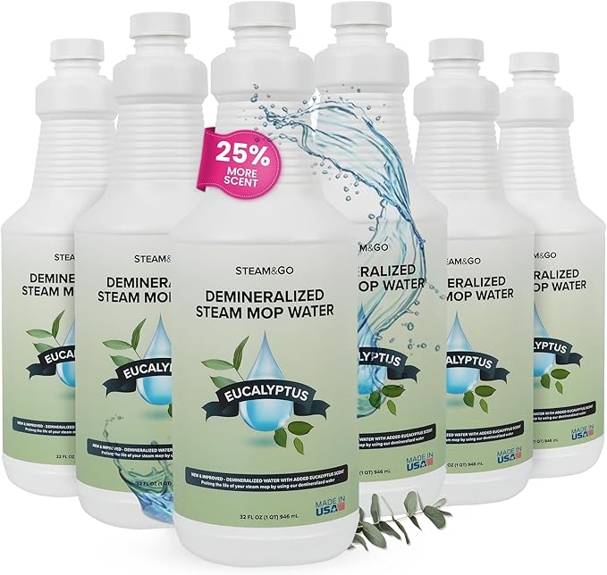 Steam & Go Demineralized Water Cleaning Solution for Floor & Multi-Surface Steam Cleaners - Compatible for All Steam Mops - Eucalyptus Mint Scent, 32 oz, Pack of 6