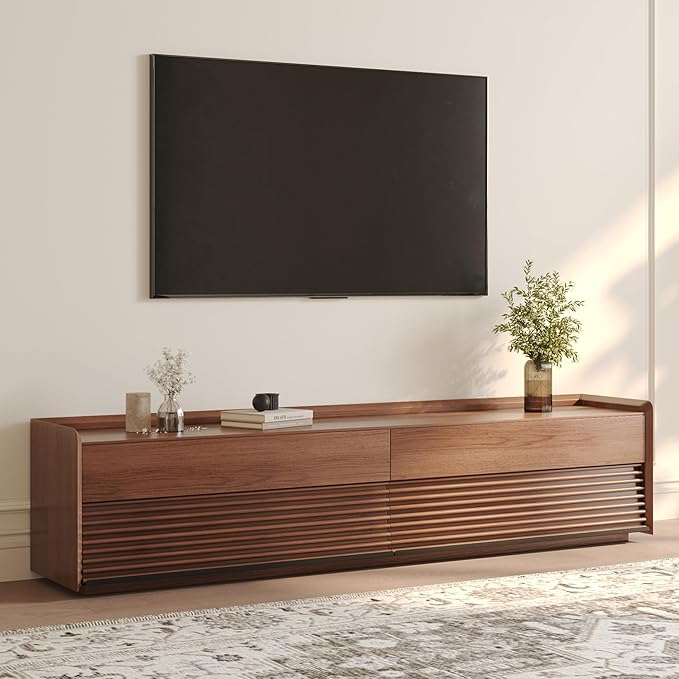 POVISON Fully-Assembled Mid Century Modern TV Stand, 78.74" Wood Media Console with Adjustable LED Light, Entertainment Center with Storage for Living Room