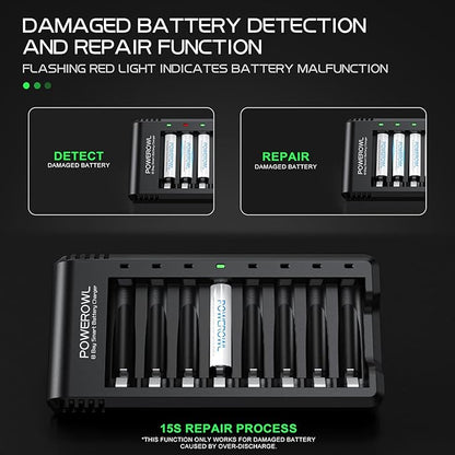 POWEROWL 8 Bay AA AAA Battery Charger 2 Pack, USB High-Speed Charging, Independent Slot, for Ni-MH Ni-CD Rechargeable Batteries