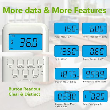 HBN Watt Meter Plug with Backlight, Plug-in Socket Power Meter Electricity Usage Monitor Consumption Home Electrical Energy Monitor, Voltage Amps Wattage Electricity Usage Tester, 9 Display Modes