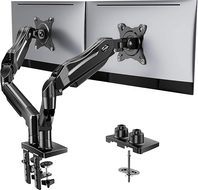 HUANUO Dual Monitor Stand, Fully Adjustable Gaming Monitor Desk Mount for 13–32″ Computer Screens, Full Motion VESA 75x75/100x100 with C-Clamp & Grommet Base, Each Arm Holds 4.4 to 19.8 lbs