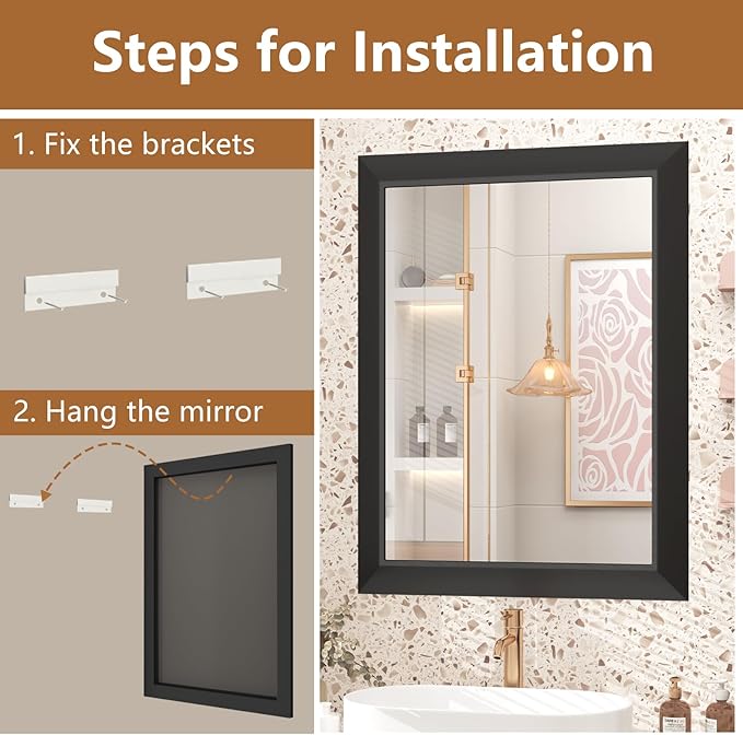 SMIROR Matte Black Bathroom Mirror for Over Sink 28x 36 inch, Metal Thick Frame Rectangle Vanity Mirror for Wall, Anti-Rust, Horizontally or Vertically Mounted