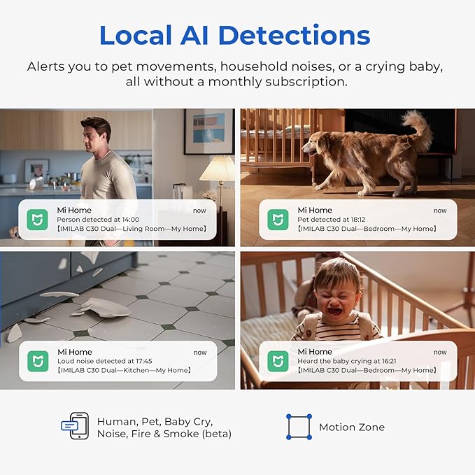 IMILAB C30 Dual Security Camera Indoor, 3K+3K Lens Pet/Baby Monitor Camera, 360° Home/Room Cam for Bedroom, Cry/Smoke/Fire/Person Alerts, App Control, Plug-in 5G WiFi Cam, Wall Mount, No Monthly Fee