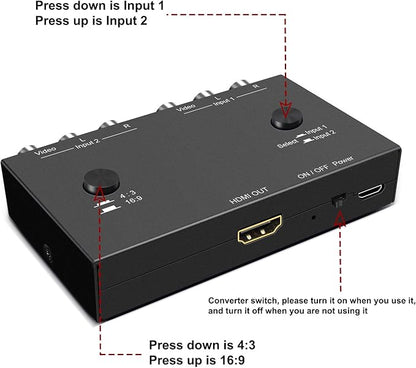 Dingsun 2 Port AV to HDMI Converter, RCA to HDMI Adapter Support 16:9/4:3 Compatible with WII, N64, PS2, VHS, VCR DVD Players etc