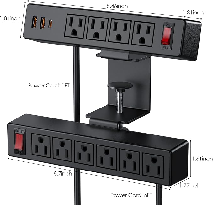 Dual Layer Desk Clamp Power Strip Surge Protector, Under Desk Power Strip with 10AC Outlets & 3 USB(20W USB-C), Desktop Edge Mount Charging Station, 6 Ft Extension Cord for Office Home (ETL Listed)