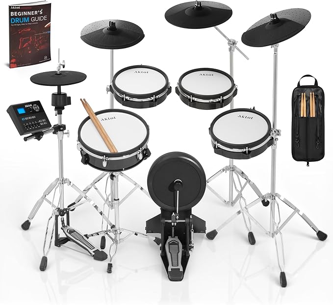 AKLOT Fully-Expandable Electric Drum Set: Independent Stand System, 12" Wooden Snare, Independent Hi-Hat and Triple-Zone Ride Cymbal, Mesh Bass Drum, 475 Sounds, Drum Sticks, Lesson Book (B-CORE546)