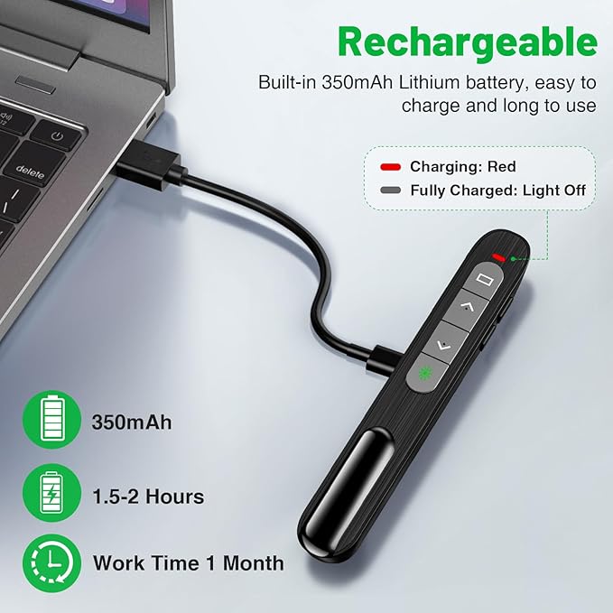 Presentation Clicker for Powerpoint with Green Light Pointer, 2-in-1 USB Type C Rechargeable Wireless Clicker with Hyperlink Volume Control, Pointer for Presentations Support Mac Windows