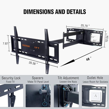48'' Extension Extra Long Arm TV Wall Mount with Power Strip, Heavy Duty Full Motion TV Wall Mount for 37 to70,75,77,80,85'' Screens, Max VESA 600x400mm, Hold 110 lbs, 16''-24'' Wood Studs