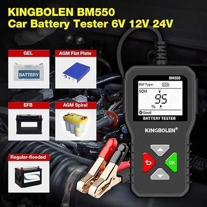 KINGBOLEN BM550 6V 12V 24V Car Battery Tester, 100-2000 CCA Voltage Tester 2Ah-220Ah Internal Resistance Tester Accurate Digital Auto Battery Analyzer for Cars Trucks SUV ATV Boats Motorcycles Vehicle