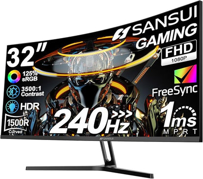 SANSUI 32 Inch Curved 240Hz Gaming Monitor High Refresh Rate, FHD 1080P Gaming PC Monitor HDMI DP1.4, Curved 1500R, 1Ms MPRT, HDR,Metal Stand,VESA Compatible(DP Cable Incl.)