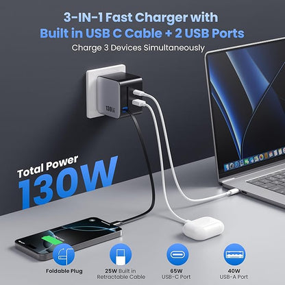 130W USB C Wall Charger,GaN III 3-Port Fast Charging Station,PD QC Foldable Charger Block Portable 65W USB C Laptop Adapter for MacBook Pro/Air,iPad Pro,Galaxy S23,Dell XPS,iPhone 16