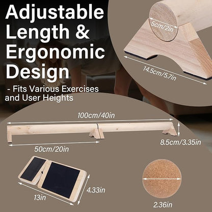 40-Inch Wooden Balance Beam Set, Two 20-Inch Connectable Sections, Natural Solid Wood Design, Includes Cork Massage Ball, Ankle Strengthener and Carry Bag for Home Training and Stability Practice