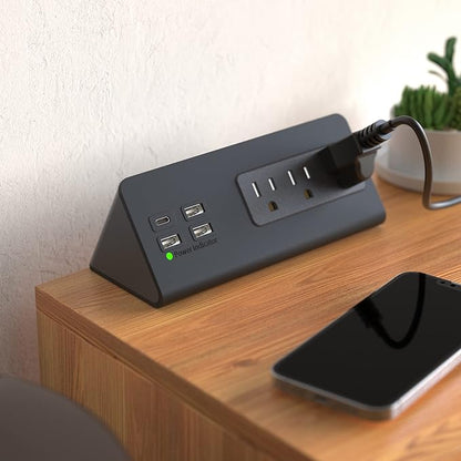 Nightstand Edge Mount Power Strip with USB-C Ports Tabletop Surge Protector Desk Clamp Power Sockets with 3 AC Outlets &4 Fast Charging USB Ports for Home Office Hotel and Dormitory (Black(2-Pack))