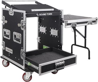 Sound Town 12U PA DJ Pro Audio Rack/Road ATA Case with 2U Drawer, 11U Slant Mixer Top, DJ Work Table, Casters, Pro Tour Grade (MR-DR12UT)