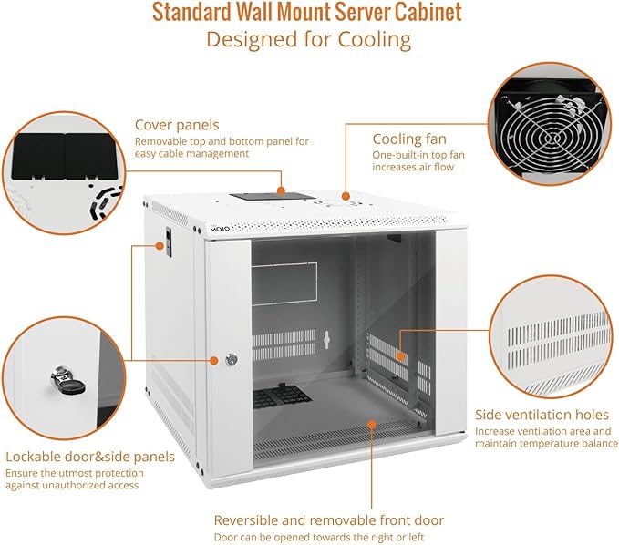 Tecmojo 9U Wall Mount Rack Network Cabinet for 19" IT Equipment,with Lockable Glass Door and Side Panels,Cooling Fan,17.7inch Depth,White,Computer/Electronics Equipment Data Rack