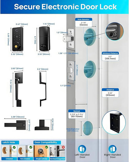 WiFi Smart Keyless Entry Door Lock Set w/Front Door Handle, 0.1s Fingerprint Biometric Unlock, APP/Passcodes/Cards Control, Auto Lock Keypad Deadbolt, Easy Install for Entry Bedroom