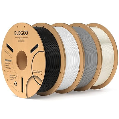 ELEGOO PLA Filament 1.75mm Bundle 4KG, 3D Printer Filament Bulk Dimensional Accuracy +/- 0.02mm, 4 Pack 1kg Cardboard Spool(2.2lbs) Fits for Most FDM 3D Printers(Black, White, Gray, Translucent)