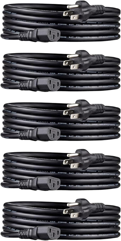Amazon Basics PC Power Cord, 10 feet, 5-Pack, AC Power Cord for Monitor, Computer, TV, 3 Prong, 18 AWG, 125 Volts, Black