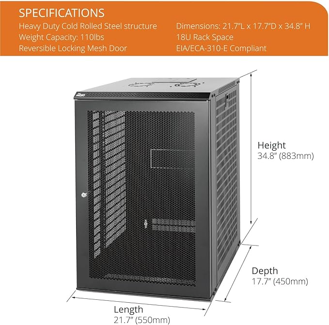 Tecmojo 18U Wall Mount Rack Network Cabinet for 19" IT Equipment,with Lockable Mesh Door and Side Panels,Cooling Fan,Black,17.7inch Depth for AV/Computer/Electronics Equipment Data Rack