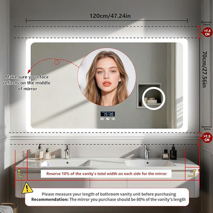 LUVODI Bathroom LED Wall Mirror: 48x24 inch Rectangle Makeup Vanity with Lights Bluetooth Speaker, Time Display, Magnifier, Anti-Fog, Memory Function, 3 Color Temperature