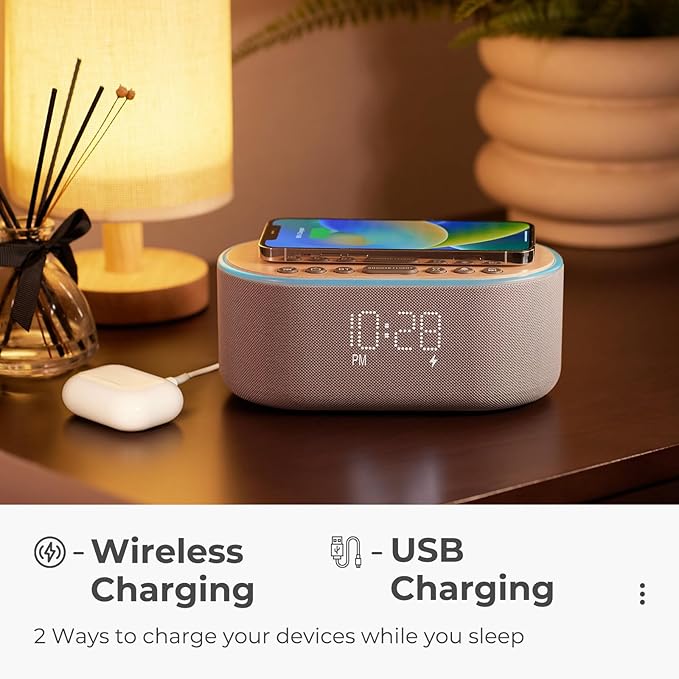uscce Alarm Clock Bluetooth FM Radio: 10W Stereo Sound Speaker - Fast Wireless Charging for iPhone Samsung - Dimmable Clock Radio for Bedroom