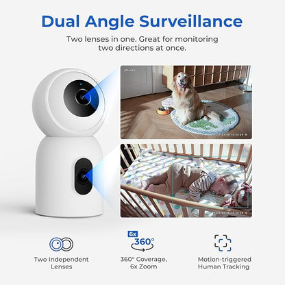 IMILAB C30 Dual Security Camera Indoor, 3K+3K Lens Pet/Baby Monitor Camera, 360° Home/Room Cam for Bedroom, Cry/Smoke/Fire/Person Alerts, App Control, Plug-in 5G WiFi Cam, Wall Mount, No Monthly Fee