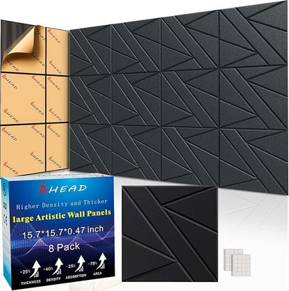 8 Pack Self-Adhesive Soundproof Wall Panels, 15.7 x 15.7 x 0.47 in Sound Proof Foam Panels for Walls, 1.2lb/ft³ High Density, Thicker 0.47in, Large Size Acoustic Panels, Sound Dampening Panels Black