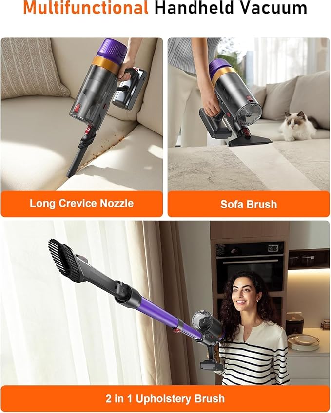TVTAU Cordless Vacuum Cleaner, Self-Standing 620W 55KPA 75Min Runtime Stick Vacuum for Home, 1.8L Dust Cup, LED Display, Anti-Tangle, 8-Stage Filtration, for Hardwood Floor Carpet Pet Hair