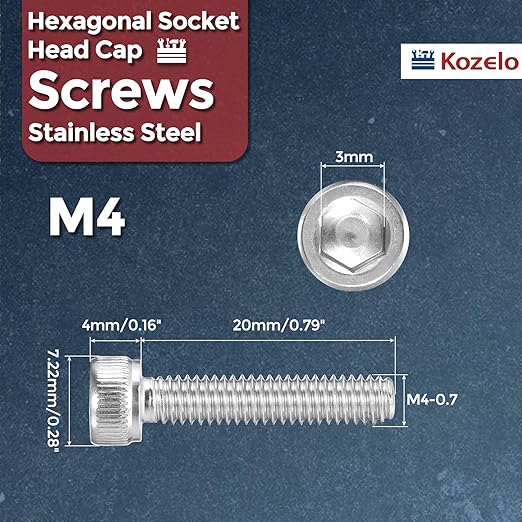 Kozelo 30pcs Socket Head Cap Screws - [M4-0.7 x 20mm] 304 Stainless Steel Allen Socket Drive for Electrical Motor 3D Printing Fan Engine Replacement Use, Silver