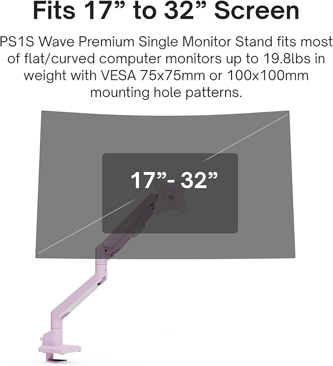 Pixio PS1S Wave Pink Single Monitor Arm Stand Desk Mount - Fits up to 32 inches Monitors and up to 19.8lbs. VESA Compatibility and Integrated Cable Management