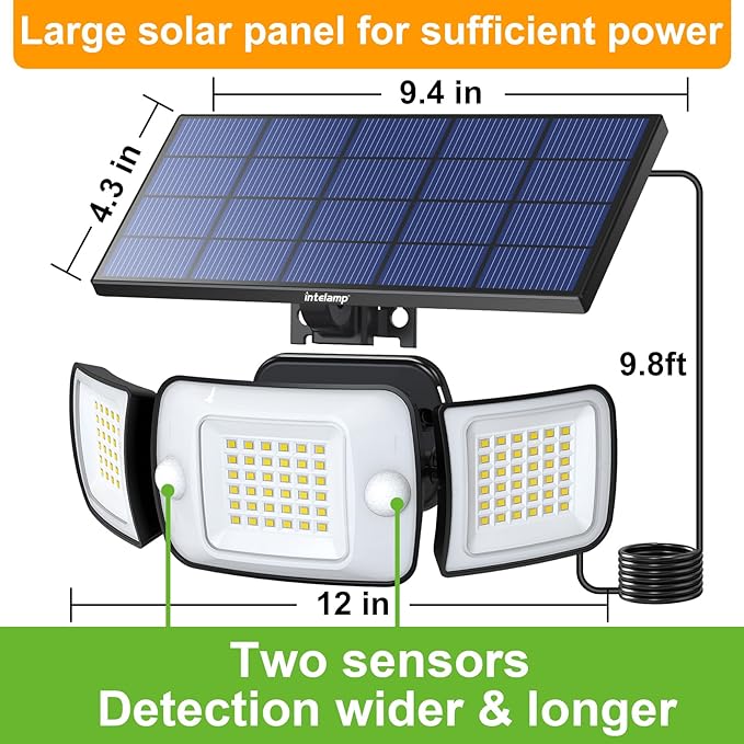 intelamp Solar Flood Lights Outdoor Waterproof, 6000mAh 1200LM Solar Powered Dual Motion Sensor LED Lighting Dusk to Dawn Security Floodlight Exterior with Remote 9.8ft Cable for Outside Garden House