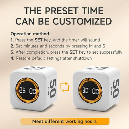 Rotating Productivity Timer 5, 25, 10, 50 Minutes Preset, Desk Cube w/Gravity Sensor for ADHD, Mute Functions, Ideal for Work, Study, Kitchen, Back to School (1, White)