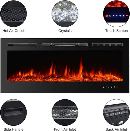 CharaVector Electric Fireplaces Recessed Wall Mounted Fireplace Insert 50 Inch Wide Heater LED Fire Place Remote Control & Touch Screen, 1-12 Hours Timer, 12 Color Flame and Log Color