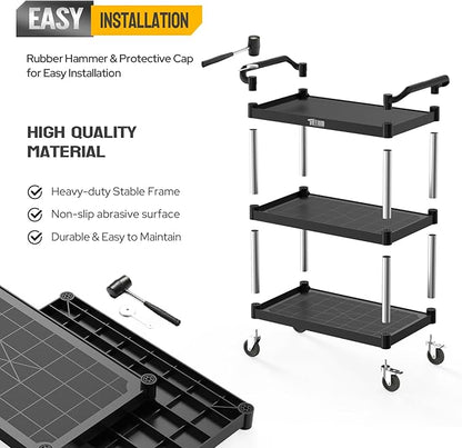 TUFFIOM Plastic Service Utility Cart with Wheels,Heavy Duty 450lbs Capacity, 3-Tier Commercial Rolling, Ideal for Restaurant, Foodservice, Office, Warehouse, Black 40.4''L x 19.7''W x 38.6''H