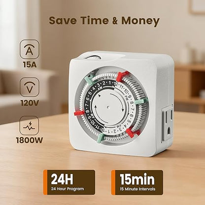 SURAIELEC Mechanical Timer with 2 Grounded Outlets, Indoor Electrical Plug in Timer with Trippers, 24-Hour Programmable and 3 Prong for Christmas Decorations, Plant Lights, Fan, 15A, White, 2 Pack