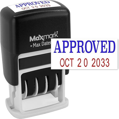 MaxMark Self-Inking Rubber Date Office Stamp with Approved Phrase Blue Ink & Date RED Ink (Max Dater II), 12-Year Band