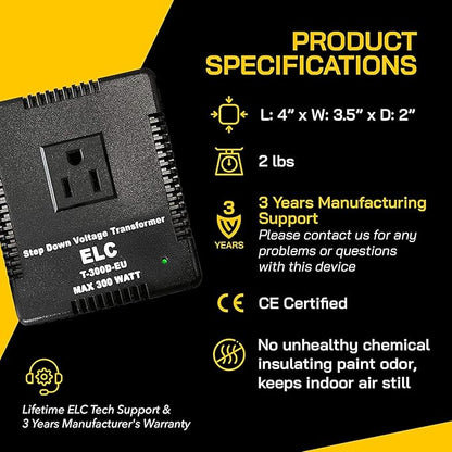 ELC 300-Watt Voltage Converter - Step Down - 220v to 110v / 240v to 120v Travel Power Converter - for Hair Straightener, Hair Dryer, Laptops and Chargers, CE Certified [3-Years Warranty]