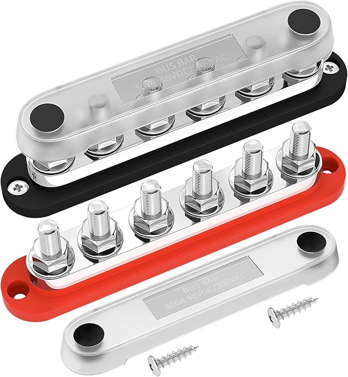 DaierTek 300A Bus Bar 12V Marine 12V Power Distribution Block with Cover 6 x 3/8" (M10) Terminal Studs Max 300V AC 48V DC Positive & Ground Busbar for Automotive Car Boat
