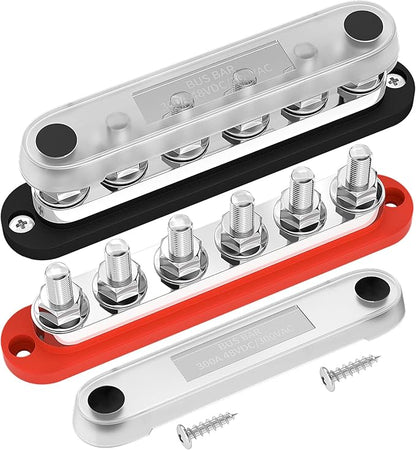 DaierTek 300A Bus Bar 12V Marine 12V Power Distribution Block with Cover 6 x 3/8" (M10) Terminal Studs Max 300V AC 48V DC Positive & Ground Busbar for Automotive Car Boat
