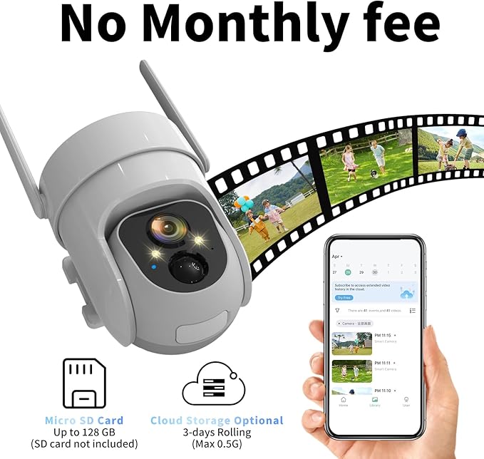 2K PTZ Solar WiFi Security Camera with AI Motion, Color Night Vision, 360 View, Waterproof, Alarm - Rechargeable Battery
