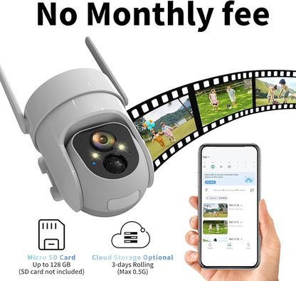 2K PTZ Solar WiFi Security Camera with AI Motion, Color Night Vision, 360 View, Waterproof, Alarm - Rechargeable Battery