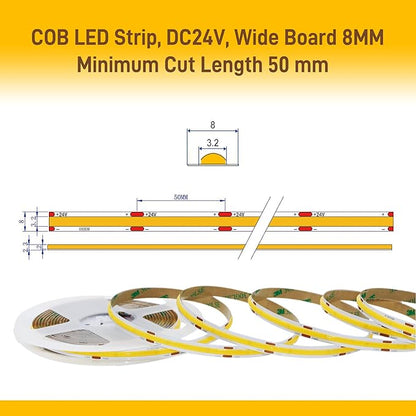 Pandery COB LED Strip Lights Cool White,24V Dimmable led Light Strip KIT with Remote and app Control,6000K 9.84FT/3m 8mmwide Ra>90 Cuttable Flexible Strip Lights for Bedroom,Wardrobe,Cabinet