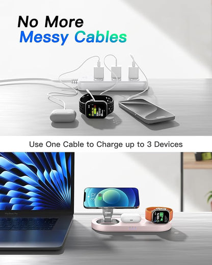 Upgraded 3 in 1 Wireless Charging Station for Apple Devices, Faster Mag-Safe Charger Stand, Magnetic Charger Station for iPhone 17/16/15/14/13/12 Series & AirPods Pro & Apple Watch Series （Pink）